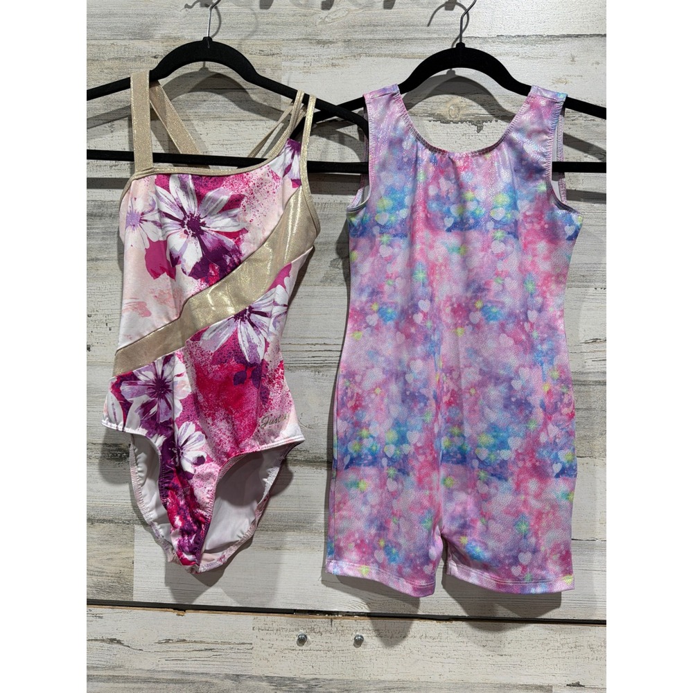 Justice Leotard Unitard Lot Girls 12-14 Pink Floral Heart Dance Dancewear EUC